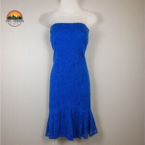 Cache Strapless Floral Lace Dress Blue Fluted Hem Back Zip Women's Size 12